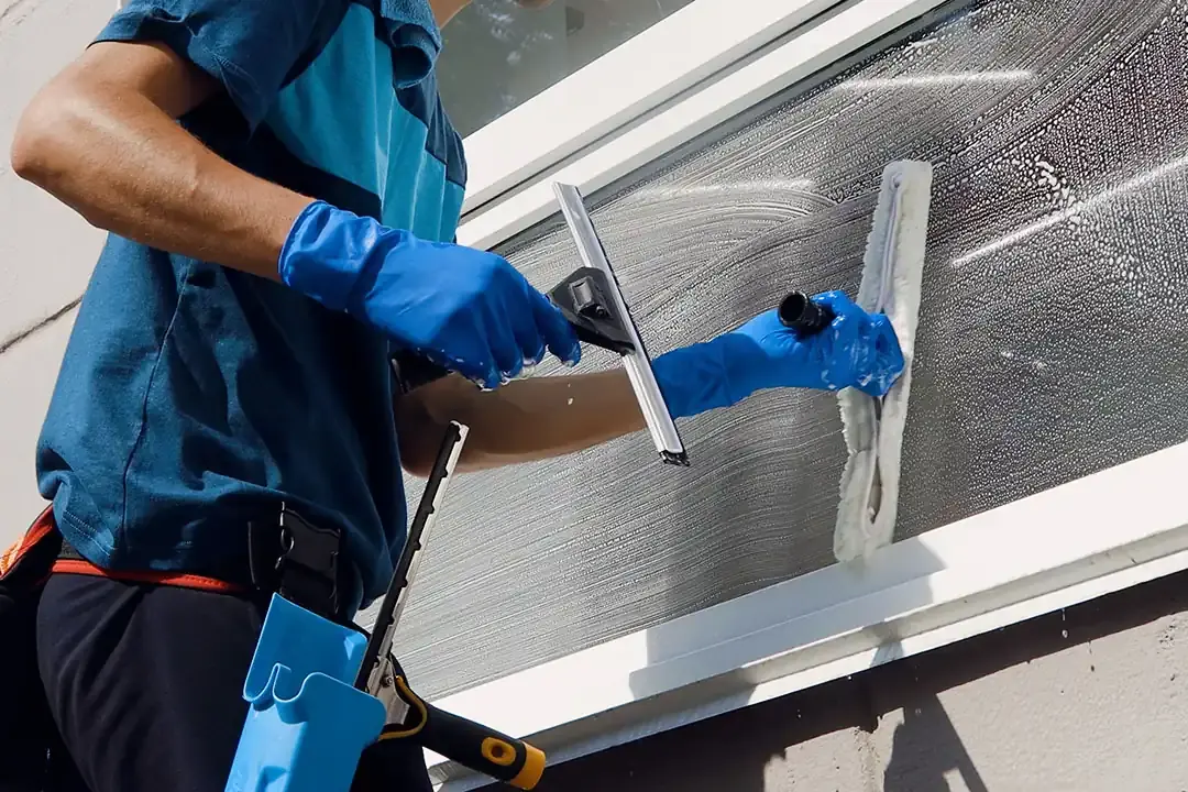 Fensterreinigung mit Abzieher und Handschuhen