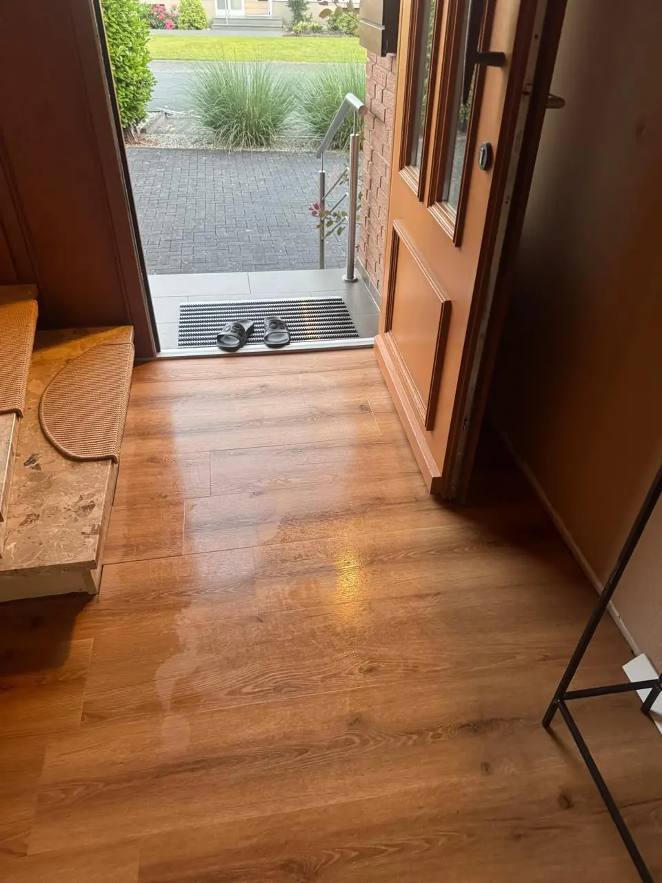 Eingangsbereich mit glänzendem Holzboden und geöffneter Haustür